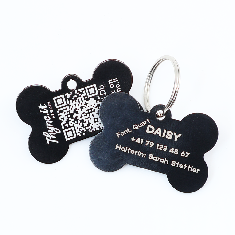 Personalized SOS Pet Tag with QR Code– Bone Shape | Small Black Aluminum with Laser Engraving