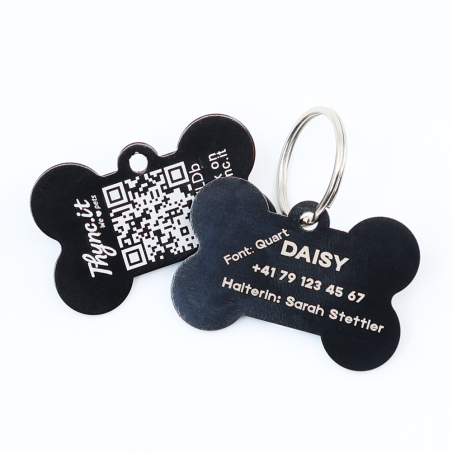 Personalized SOS Pet Tag – Bone Shape in Black Aluminum with Laser Engraving