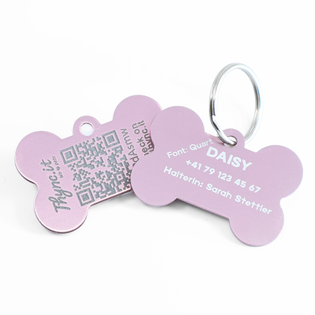 Personalized SOS Pet Tag – Bone Shape in Pink Aluminum with Laser Engraving