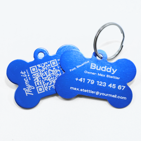 Personalized SOS Pet Tag – Bone Shape in Blue Aluminum with Laser Engraving