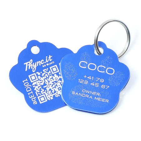 Personalized SOS Pet Tag - Paw Shape in Blue Aluminium with QR- Code and Laser Engraving