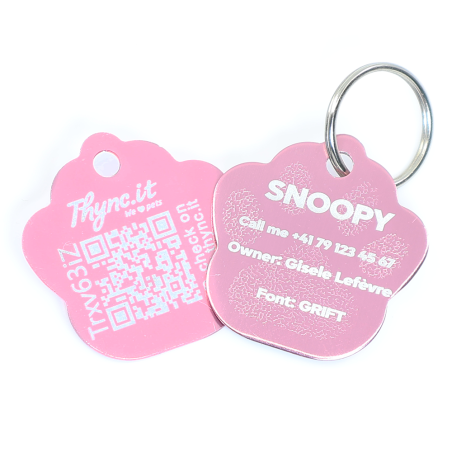 Personalized SOS Pet Tag - Paw Shape in Pink Aluminium with QR Code and Laser Engraving