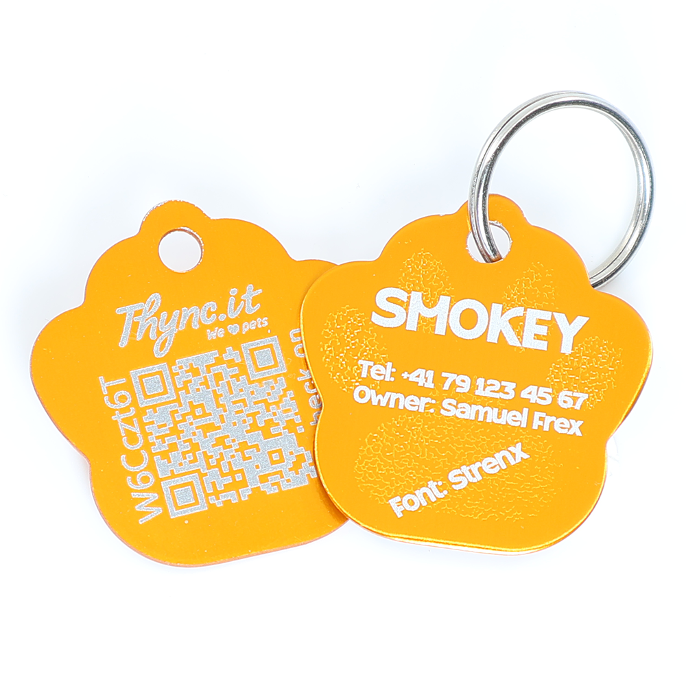 Personalized SOS Pet Tag - Paw Shape in orange-golden Aluminium with Laser Engraving Personalized SOS Pet Tag - Paw Shape in orange-golden Aluminium with Laser Engraving