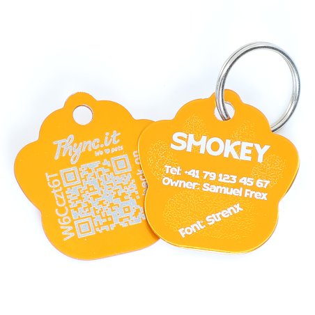 Personalized SOS Pet Tag - Paw Shape in orange-golden Aluminium with with QR Code and Laser Engraving