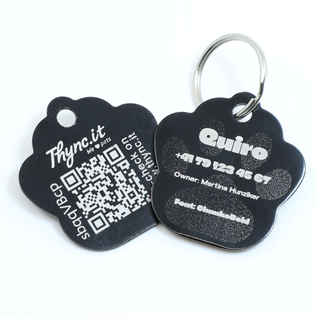 Personalized SOS Pet Tag - Paw Shape in black Aluminium with QR Code and Laser Engraving
