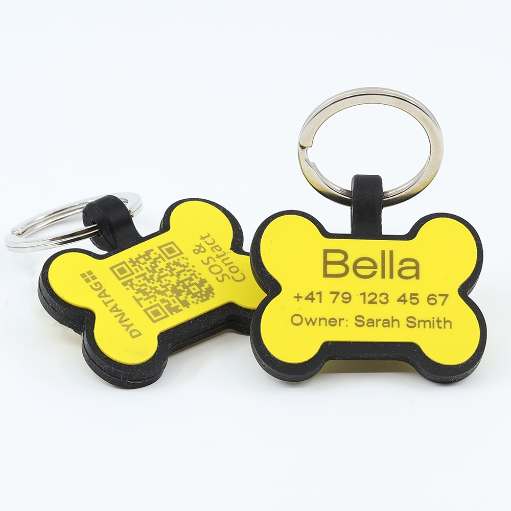 Personalized SOS Pet Tag – Bone Shape in Yellow Silicone with Laser Engraving Personalized SOS Pet Tag – Bone Shape in Yellow Silicone with Laser Engraving