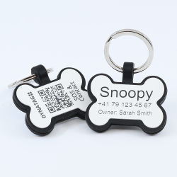 Personalisierte SOS Tiermarke mit QR-Code - Knochenform aus weissem Silikon mit Lasergravur