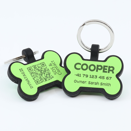 Personalized SOS Pet Tag – Bone Shape in Green Silicone with Laser Engraving