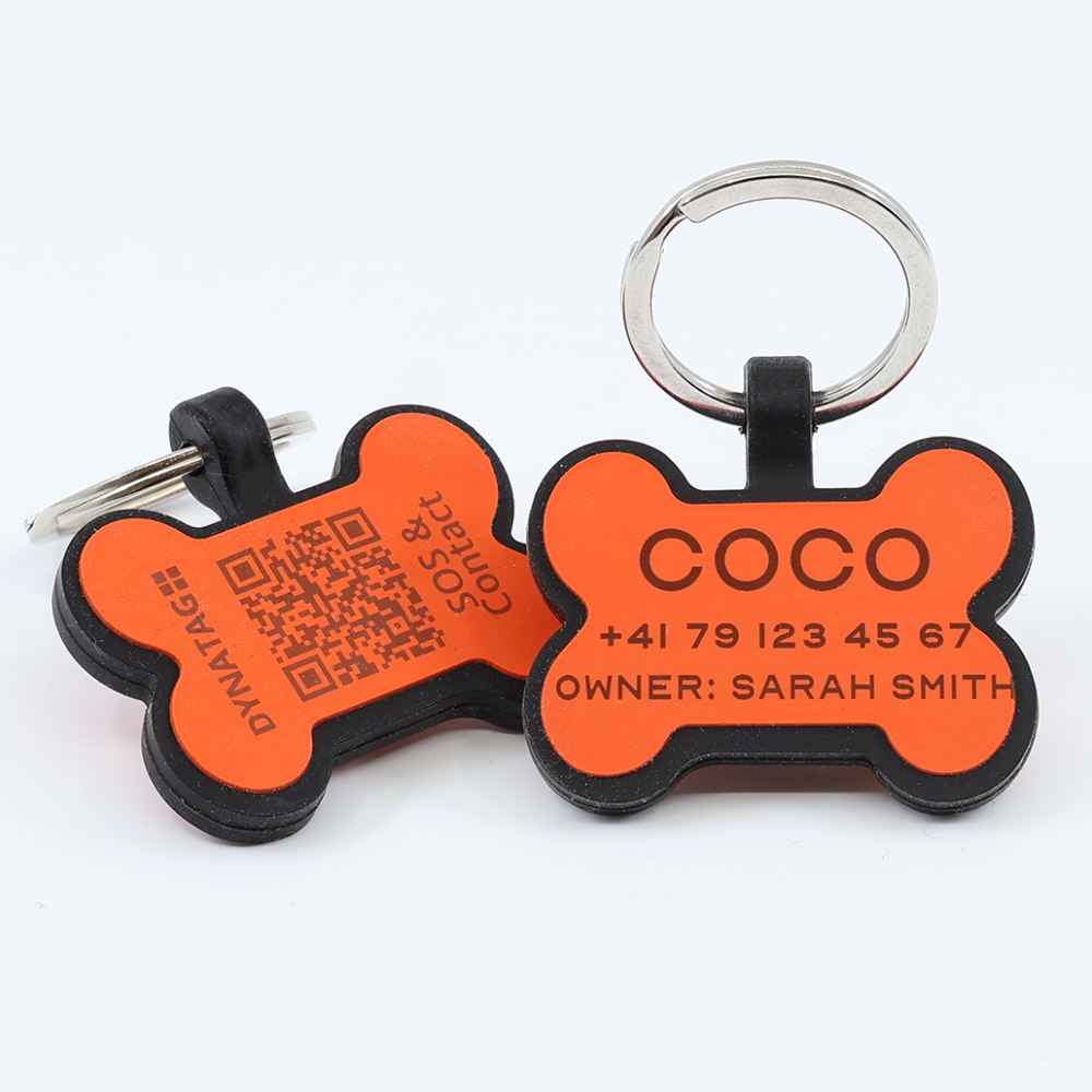Personalized SOS Pet Tag – Bone Shape in Orange Silicone with Laser Engraving Personalized SOS Pet Tag – Bone Shape in Orange Silicone with Laser Engraving