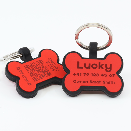 Personalized SOS Pet Tag – Bone Shape in Red Silicone with Laser Engraving