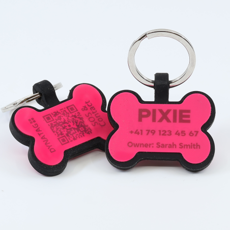 Personalized SOS Pet Tag – Bone Shape in Pink Silicone with Laser Engraving