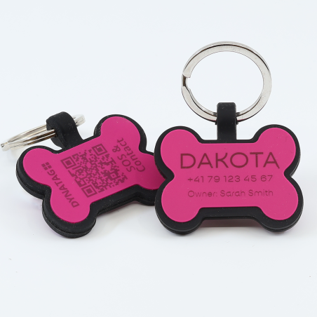 Personalized SOS Pet Tag – Bone Shape in Purple Silicone with Laser Engraving