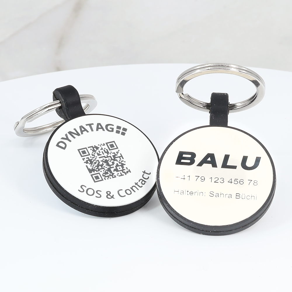 Personalisierte SOS Tiermarke mit QR-Code - Rundform - aus weissem Silikon mit Lasergravur