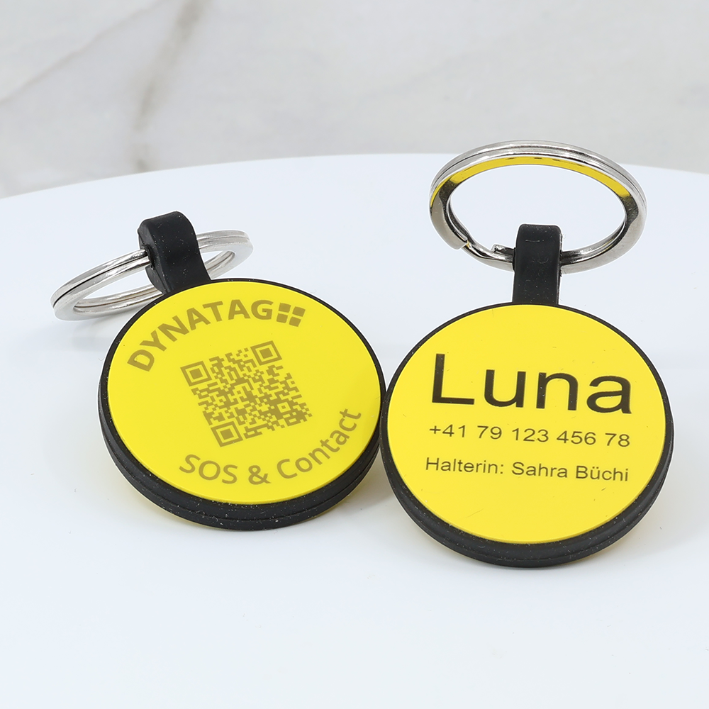 Personalisierte SOS Tiermarke mit QR-Code - Rundform - aus gelbem Silikon mit Lasergravur