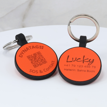 Personalized SOS Pet Tag – Round Shape in Orange Silicone with Laser Engraving