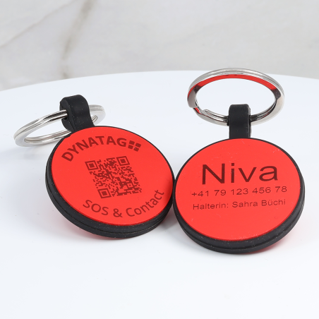 Personalized SOS Pet Tag – Round Shape in RED Silicone with Laser Engraving