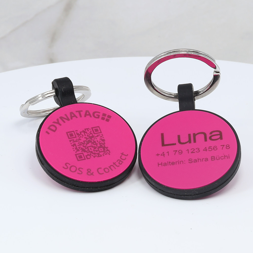 Personalized SOS Pet Tag – Round Shape in Purple Silicone with Laser Engraving