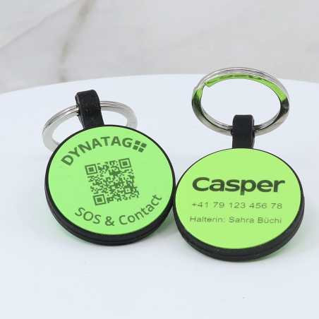 Personalized SOS Pet Tag – Round Shape in Green Silicone with Laser Engraving