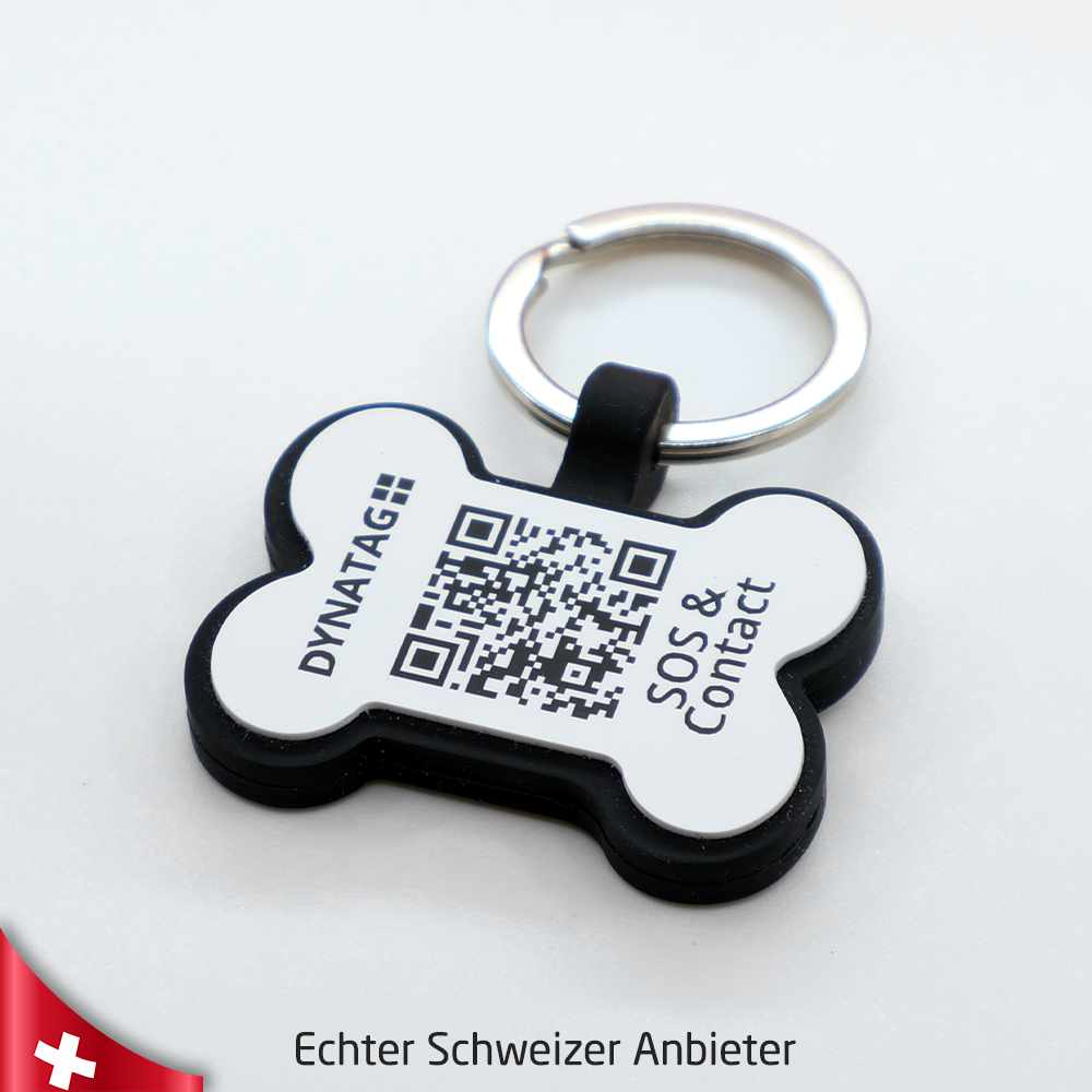 Schweizer Hundemarke mit QR-Code – Digitale Tier-ID – Silikon Knochen