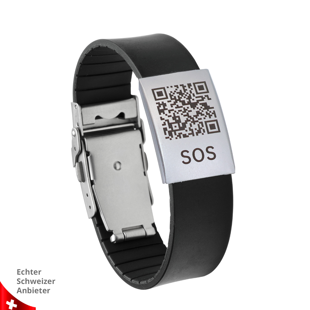 SOS Emergency Bracelet Silicone Black – QR Code & Swiss Data Platform