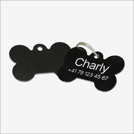 Personalized SOS Pet Tag with Laser Engraving – Bone Shape | Small Black Aluminum