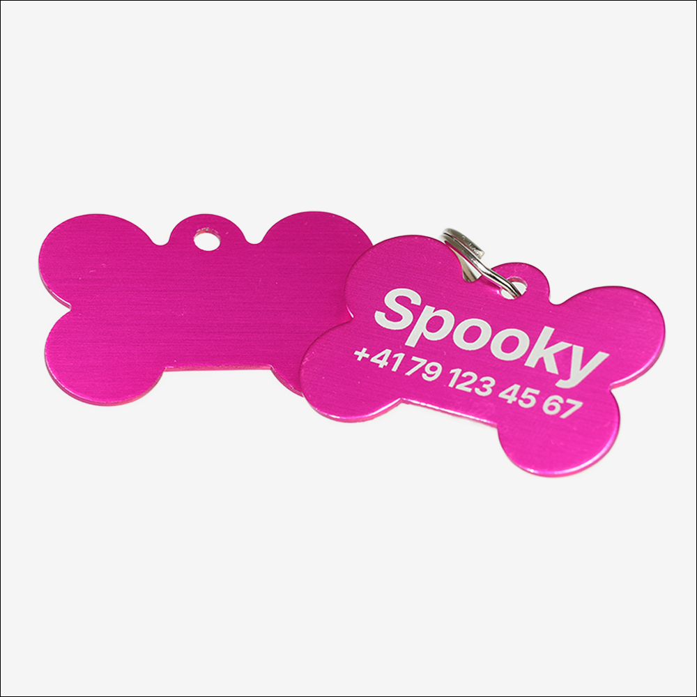 Personalized SOS Pet Tag with Laser Engraving – Bone Shape | Small Fuchsia Aluminum