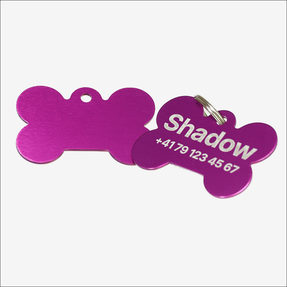 Personalized SOS Pet Tag with Laser Engraving – Bone Shape | Small Purple Aluminum