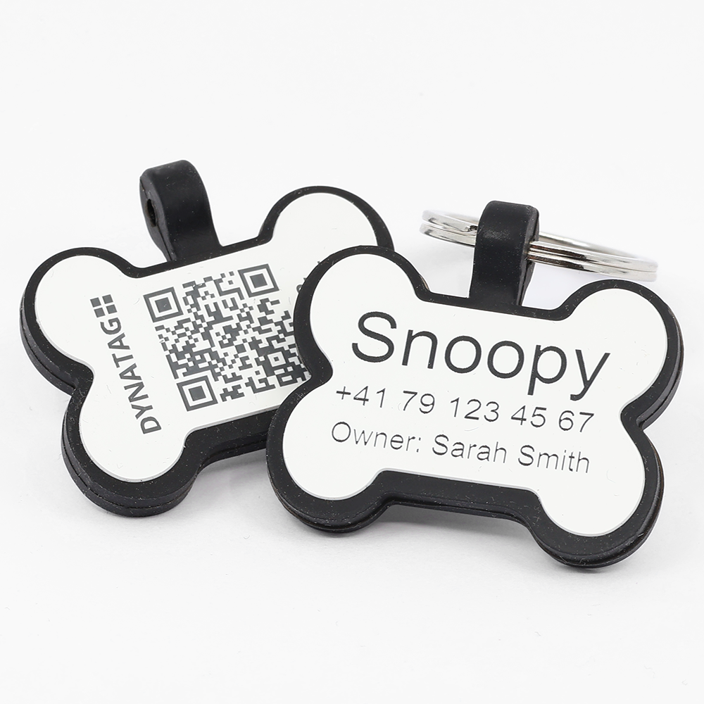 Hundemarke mit QR-Code und Lasergravur Knochen aus Silikon - Individuell gravierbar und Schweizer Datenplattform