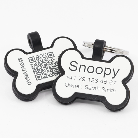 Hundemarke mit QR-Code und Lasergravur Knochen aus Silikon - Individuell gravierbar und Schweizer Datenplattform