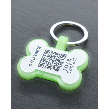 Hundemarke mit QR-Code Knochen aus fluoreszierendem Silikon- Schweizer Datenplattform