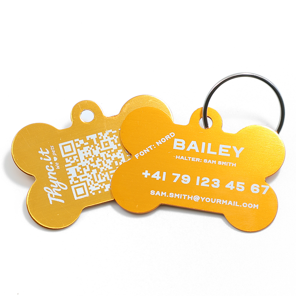 SOS Tiermarke Knochen aus Aluminium mit QR-Code und Gravur