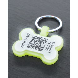 Hundemarke mit QR-Code und Lasergravur Knochen fluoreszierendem Silikon - Individuell gravierbar und Schweizer Datenplattform