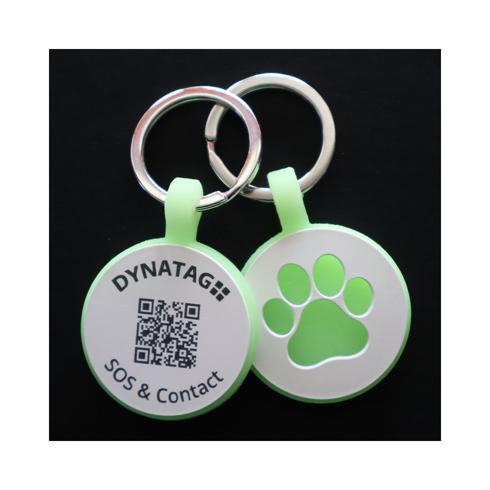 Tiermarke mit QR-Code und Lasergravur Rund aus fluoreszierendem Silikon - Individuell gravierbar und Schweizer Datenplattform