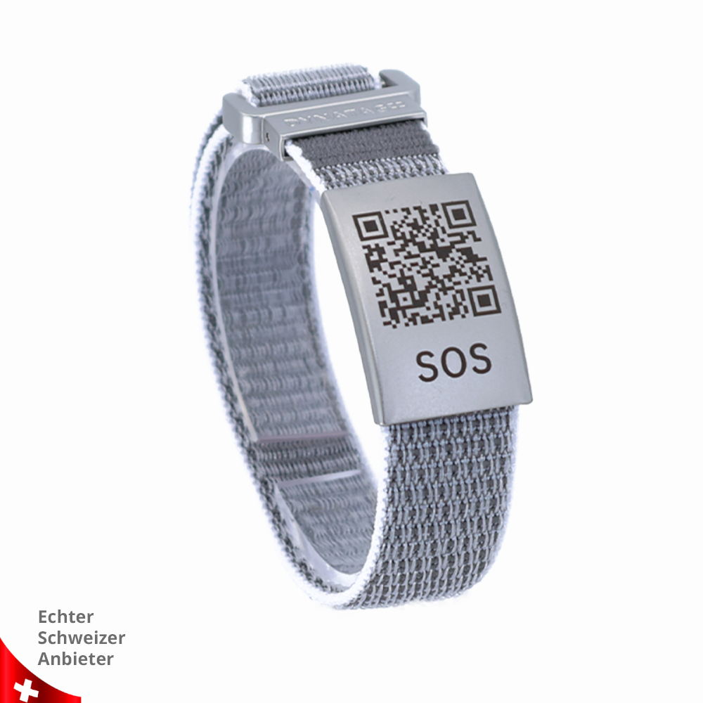 SOS Armband mit QR-Code und schwarzem Textilband