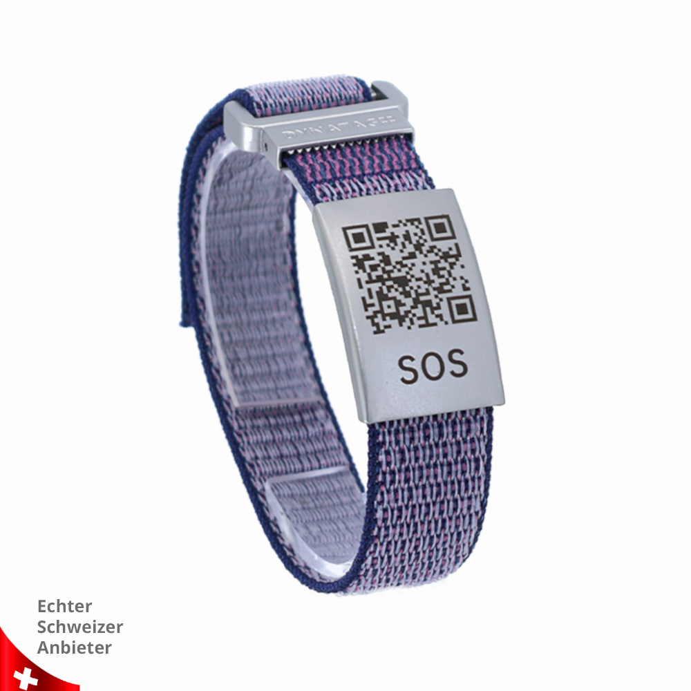 SOS Armband mit QR-Code und schwarzem Textilband