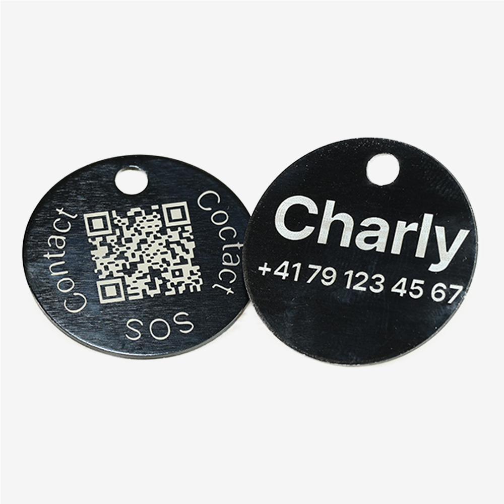 Hybrid QR Code & Custom Engraved Pet ID Tag – Round Aluminum, Personalized with Swiss Data Platform