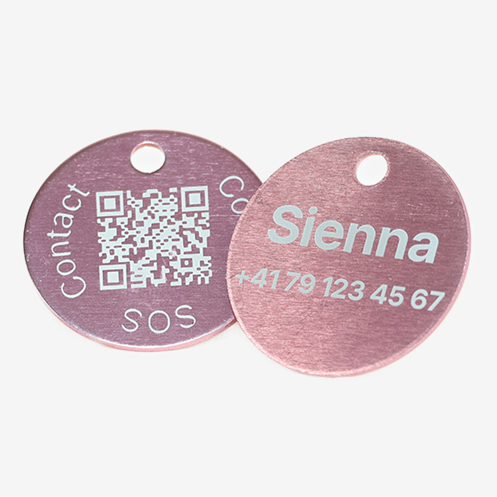 Medaglietta rotonda in alluminio con QR e incisione laser – piattaforma svizzera