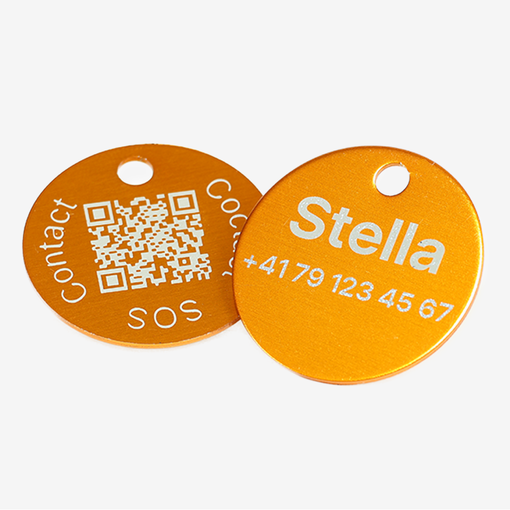 Medaglietta rotonda in alluminio con QR e incisione laser – piattaforma svizzera