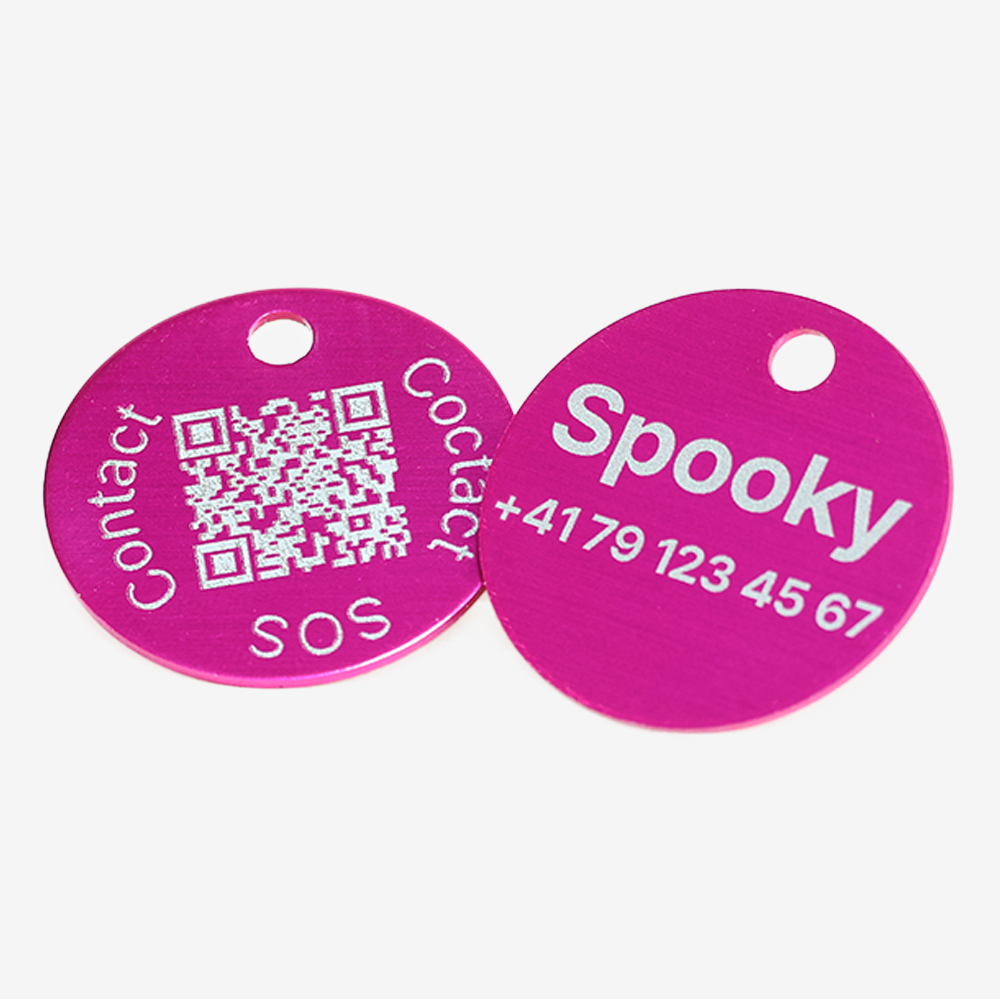 Hybrid QR Code & Custom Engraved Pet ID Tag – Round Aluminum, Personalized with Swiss Data Platform