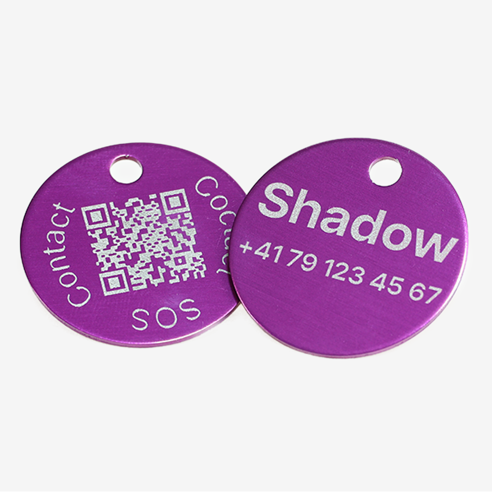 Hybrid QR Code & Custom Engraved Pet ID Tag – Round Aluminum, Personalized with Swiss Data Platform