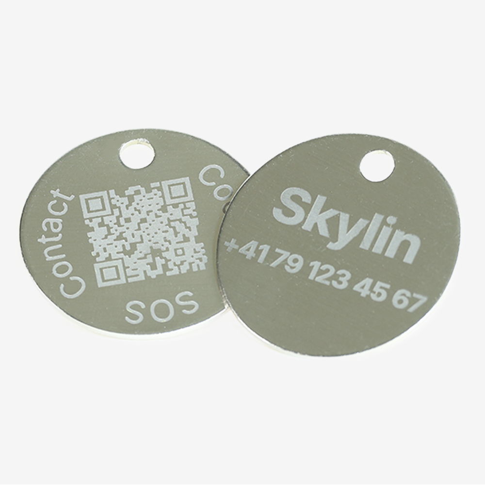 Medaglietta rotonda in alluminio con QR e incisione laser – piattaforma svizzera
