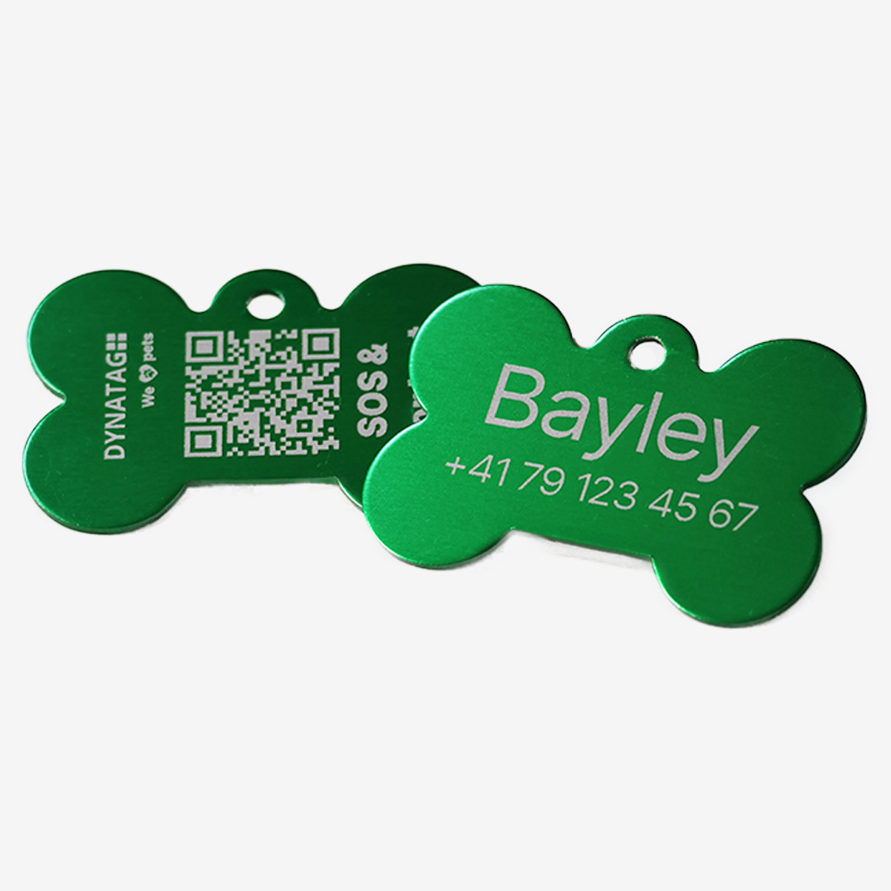 SOS Tiermarke Knochen aus Aluminium mit QR-Code und Gravur