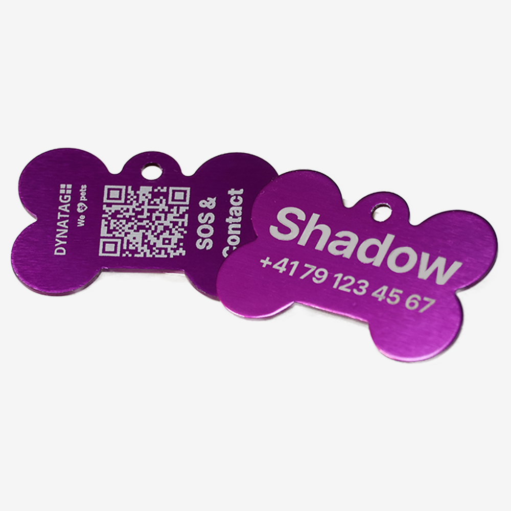 SOS Tiermarke Knochen aus Aluminium mit QR-Code und Gravur