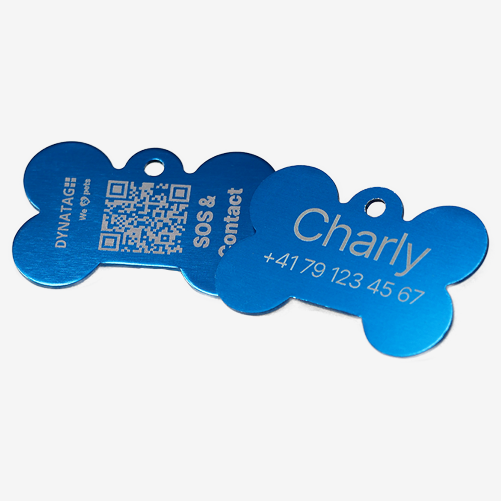 SOS Tiermarke Knochen aus Aluminium mit QR-Code und Gravur