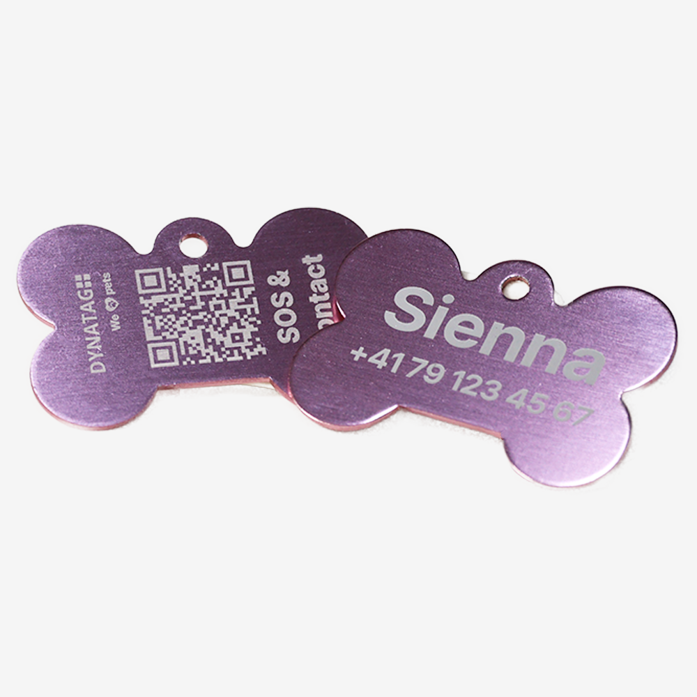 SOS Tiermarke Knochen aus Aluminium mit QR-Code und Gravur
