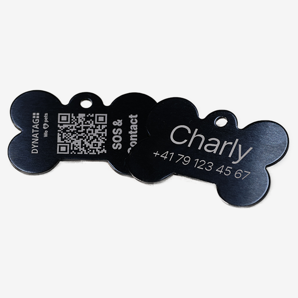 SOS Tiermarke Knochen aus Aluminium mit QR-Code und Gravur