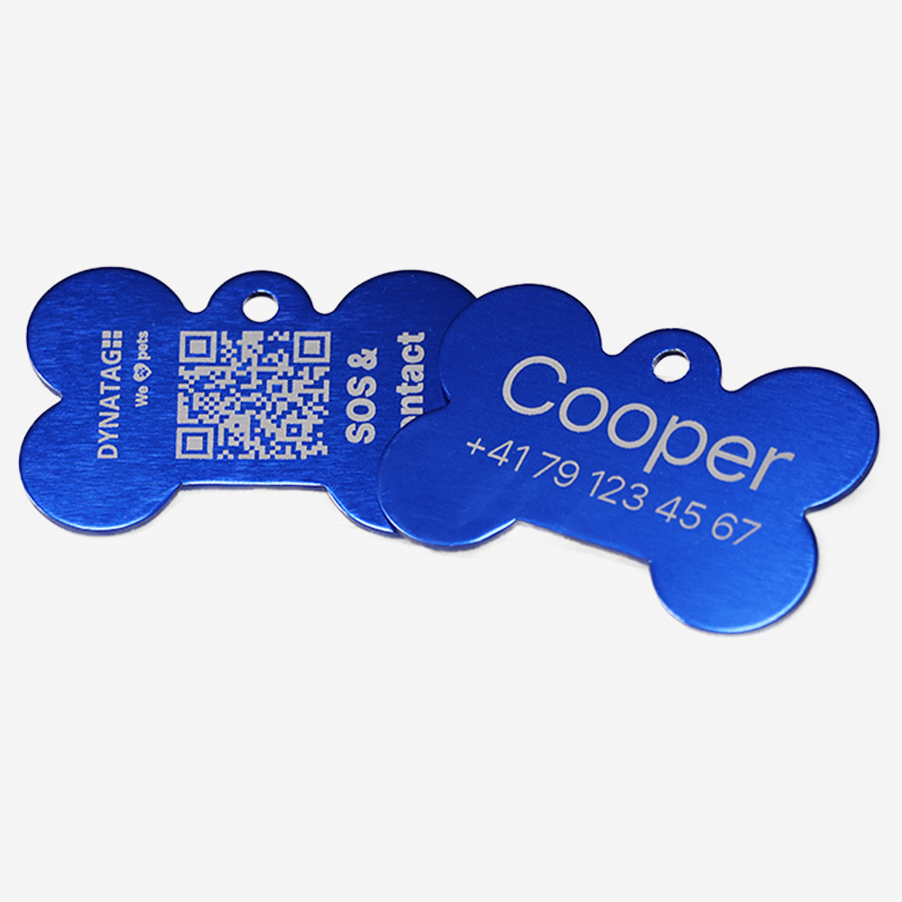 SOS Tiermarke Knochen aus Aluminium mit QR-Code und Gravur