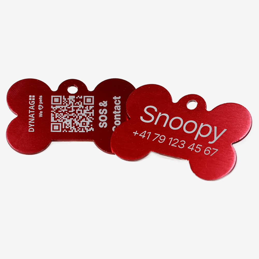 SOS Tiermarke Knochen aus Aluminium mit QR-Code und Gravur