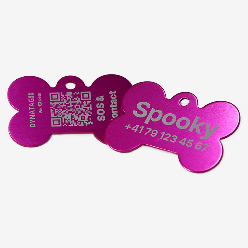 SOS Tiermarke Knochen aus Aluminium mit QR-Code und Gravur