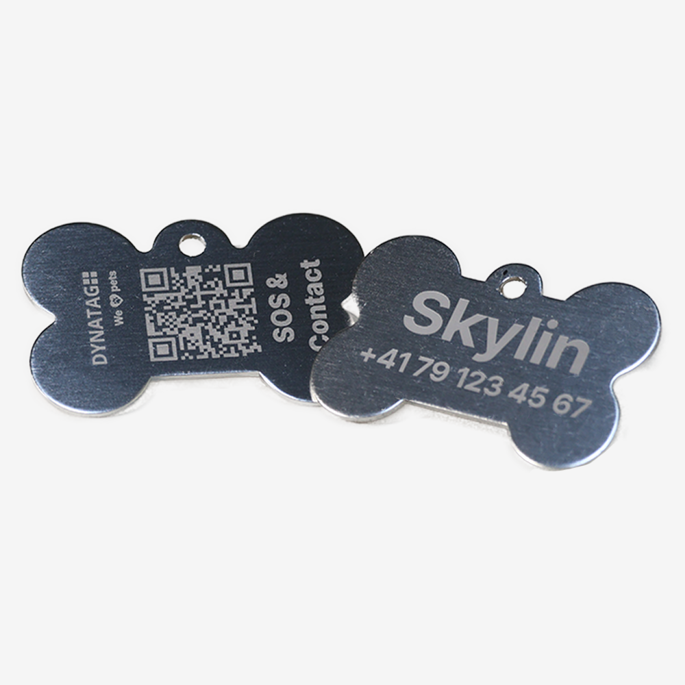 SOS Tiermarke Knochen aus Aluminium mit QR-Code und Gravur